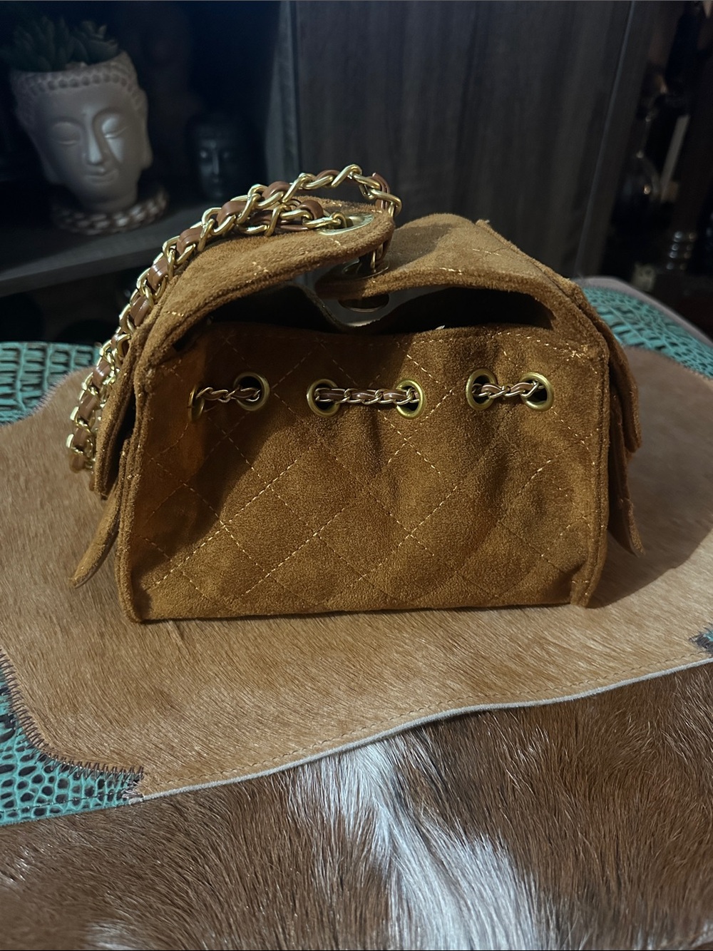 Mini Bucket Bag Suede & Gold-Tone Metal Brown